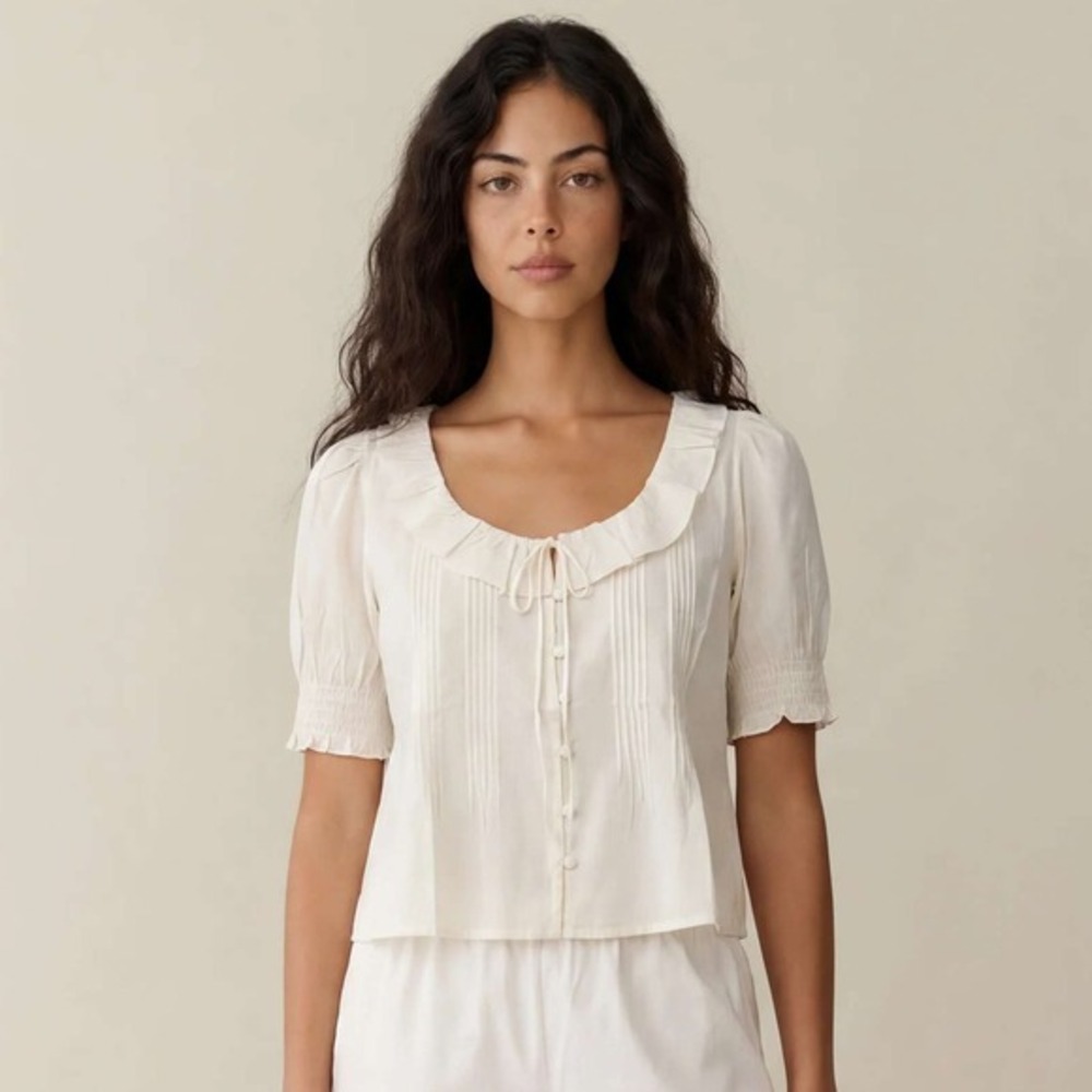 NWT Sorella Maysilee Ruffle Neck Cotton Top in Cream - Size XS